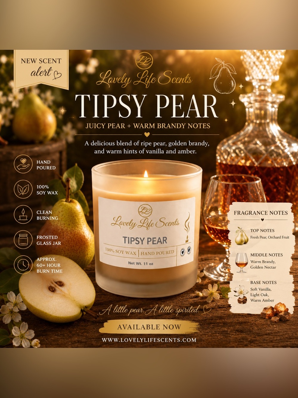 Lovely Life Scentst Tipsy Pear Premium Soy Wax 11ozCandle - Pear & Brandy